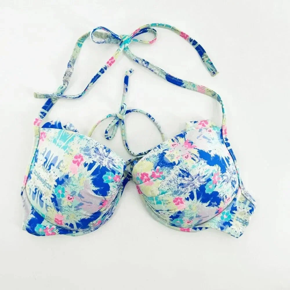 Victoria's Secret Halter Bikini Top Women Size 36C Blue Floral Underwired Ruffle